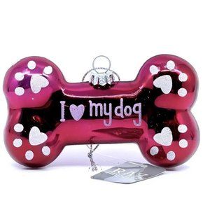 New Love My Dog Red Pink Blown Glass Christmas Ornament Bone Paw RAZ Imports 5”